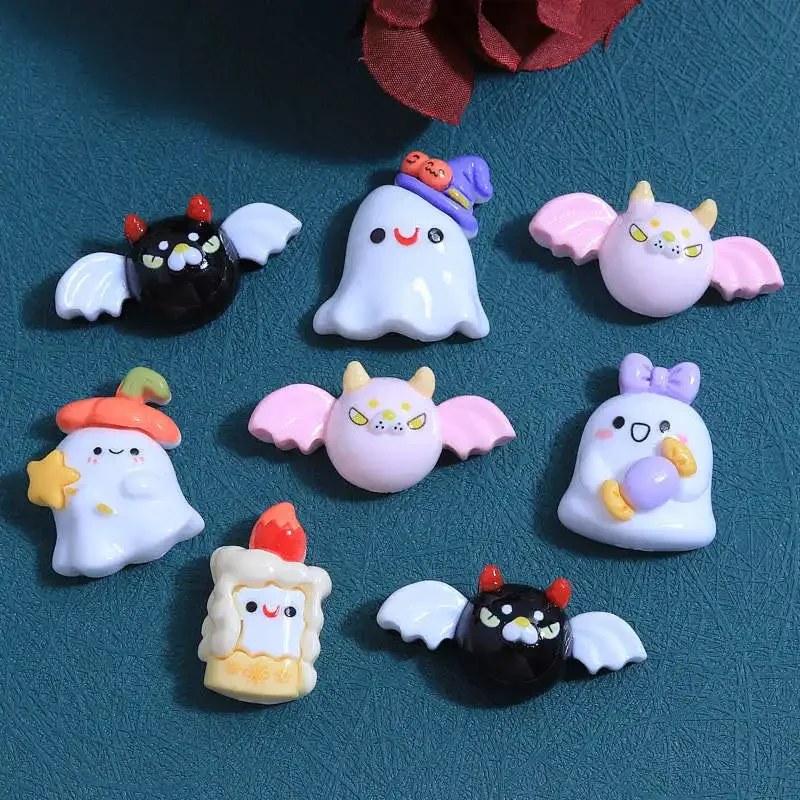 6 Stuks Schattige Hars Cartoon Halloween Ghost Bat Platte Achterkant Ornament Sieraden Maken Manicure Haarkleding Accessorie