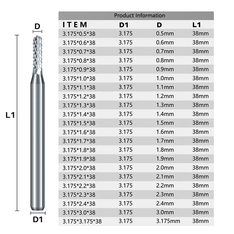 CMCP 10pcs 0.5-3.175mm PCB Milling Cutter Set Carbide CNC Router Bit Tools PCB Machine Engraving Bit 3.175mm Shank CNC End Mills