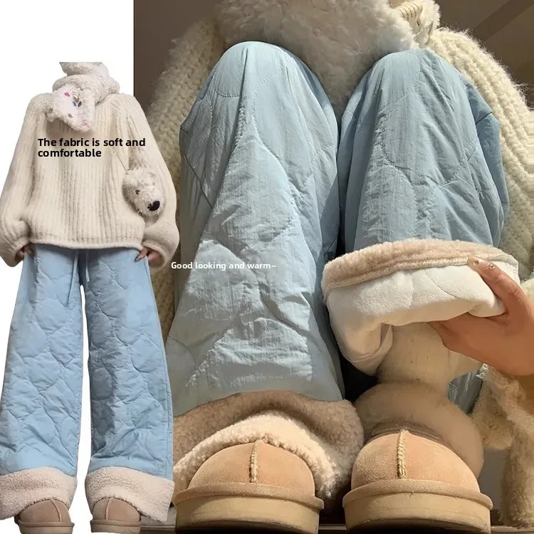 الأزرق لامب المخملية عالية الخصر الدافئة سراويل تقليدية المرأة الخريف الشتاء سراويل قطنية مريحة فضفاضة تناسب مستقيم الساق السراويل