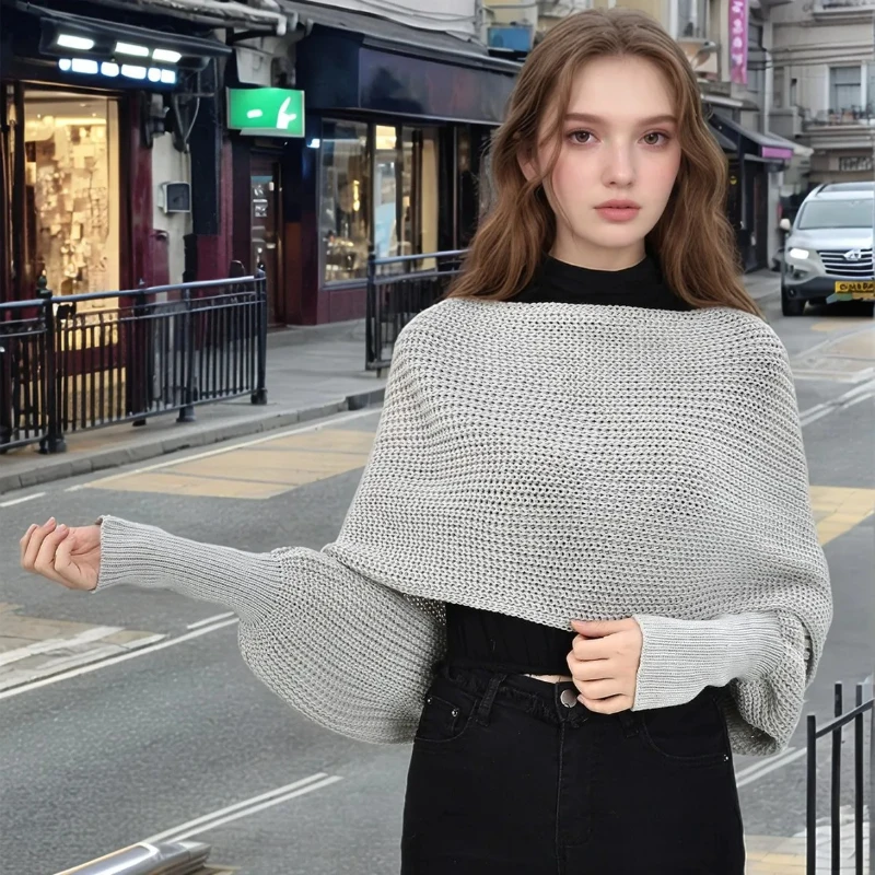 

Верхняя одежда с повседневным вязаным свитером. Короткий стиль. Шаль однотонный. Новый осенний стиль. Необычные перекрестные рукава «летучая мышь».