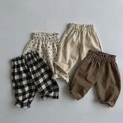 Children Vintage Plaid Trousers Boys Kids Loose Wide Leg Pants Spring& Summer Dot Cotton Versatile Cotton High Waist Pants