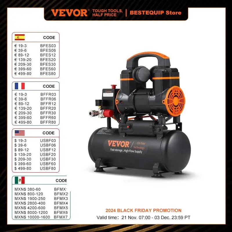 VEVOR Compresseur à Air Silencieux 8 L Réservoir Compresseur d'Air Sans Huile 900 W 1,2 CV 3,7 m3/h