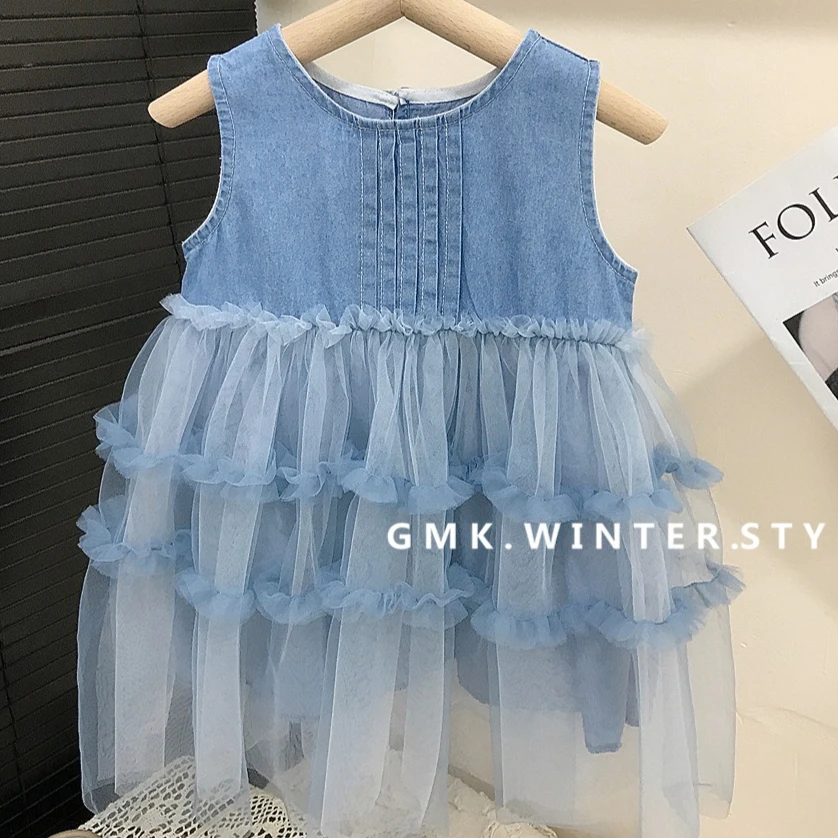 

Girls Skirt 2025 Summer New Children's Clothing Korean Style Girls Baby Net Lace Denim Thin Pure Color Slepless Princess Dress