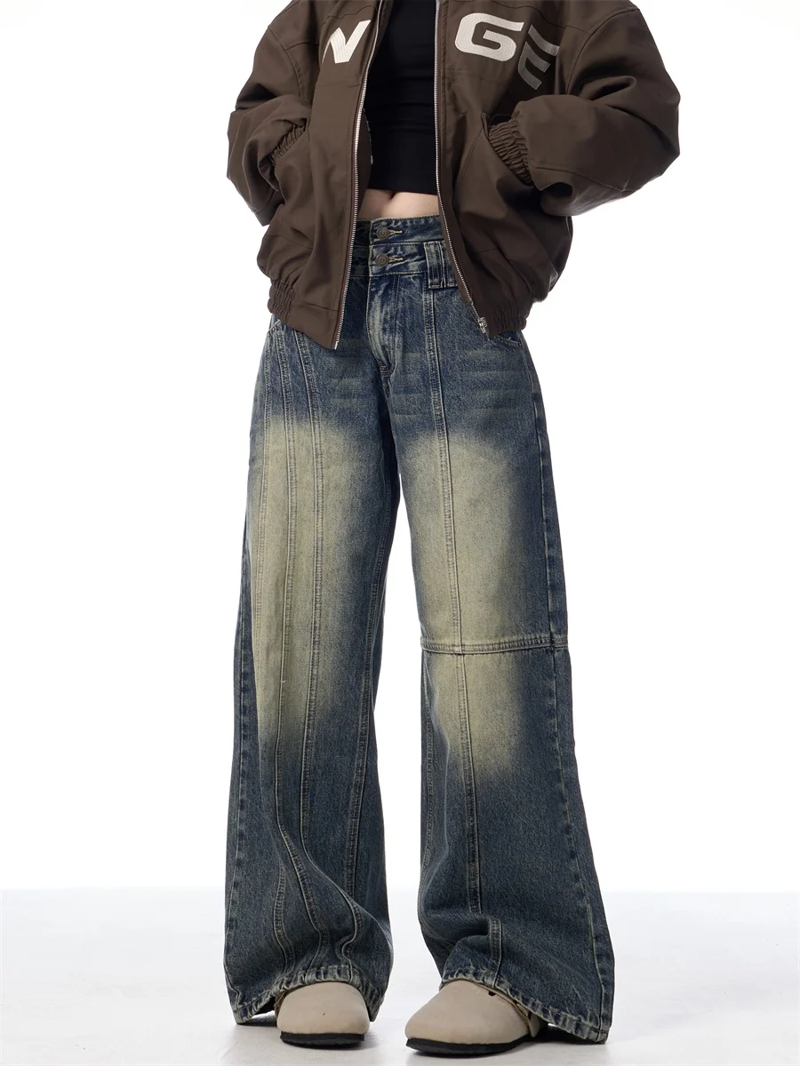 

Американские джинсовые джинсы в стиле ретро, женские свободные прямые брюки с завышенной талией, повседневные модные синие джинсы с высокой талией, широкие брюки, все сезоны