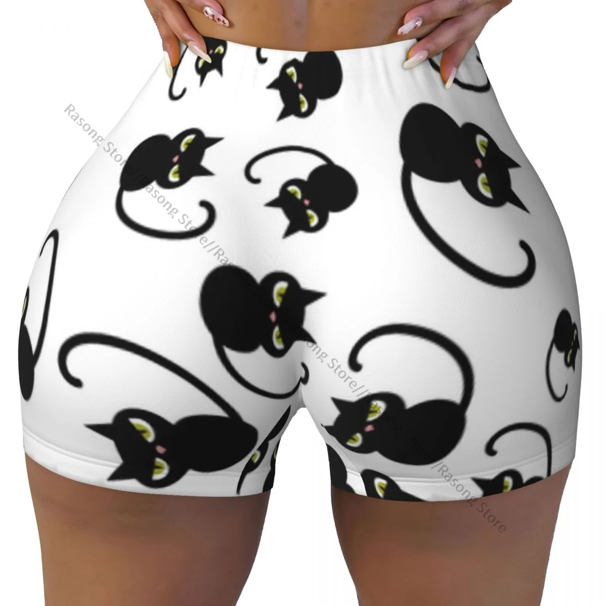 Women Yoga Shorts Black Cats Characters Pattern Workout Shorts Fitness quick-dry Ladies Yoga Gym Running Short Pants Sportswear