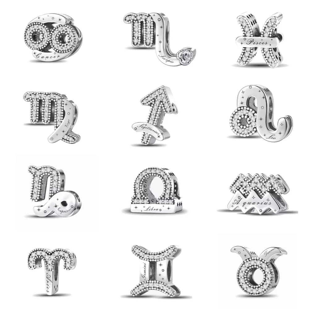 Pulseras Originales con 12 Constelaciones Brillantes en Oferta, para Hacer Joyería DIY, Abalorio de Plata 925 con Signo Zodiacal Aries/Acuario, Charm de Cumpleaños