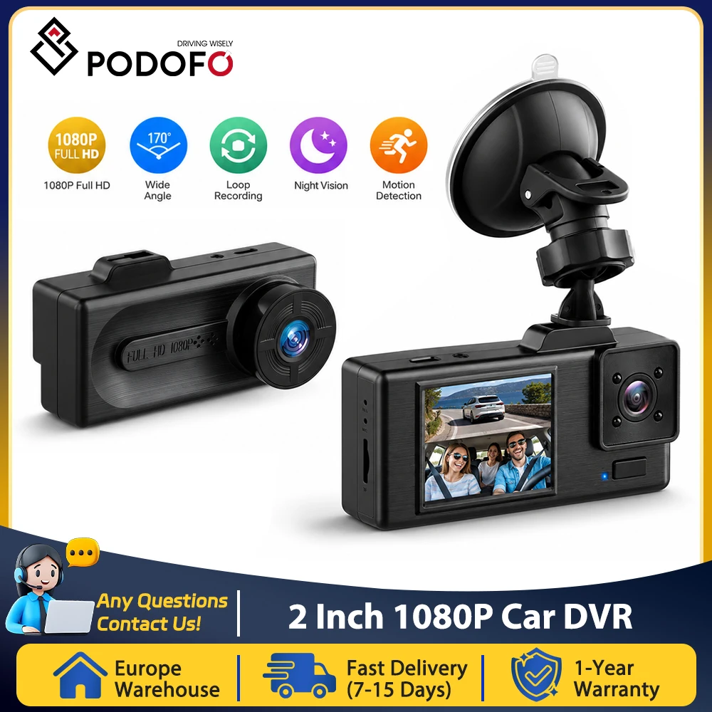 Podofo 2inch 1080P Car Dash Camera Support Loop Recording Car Vehicle DVR Video Recorder with 480P Dual Camera, Exposure Compensation, Night Vision Car Recorder