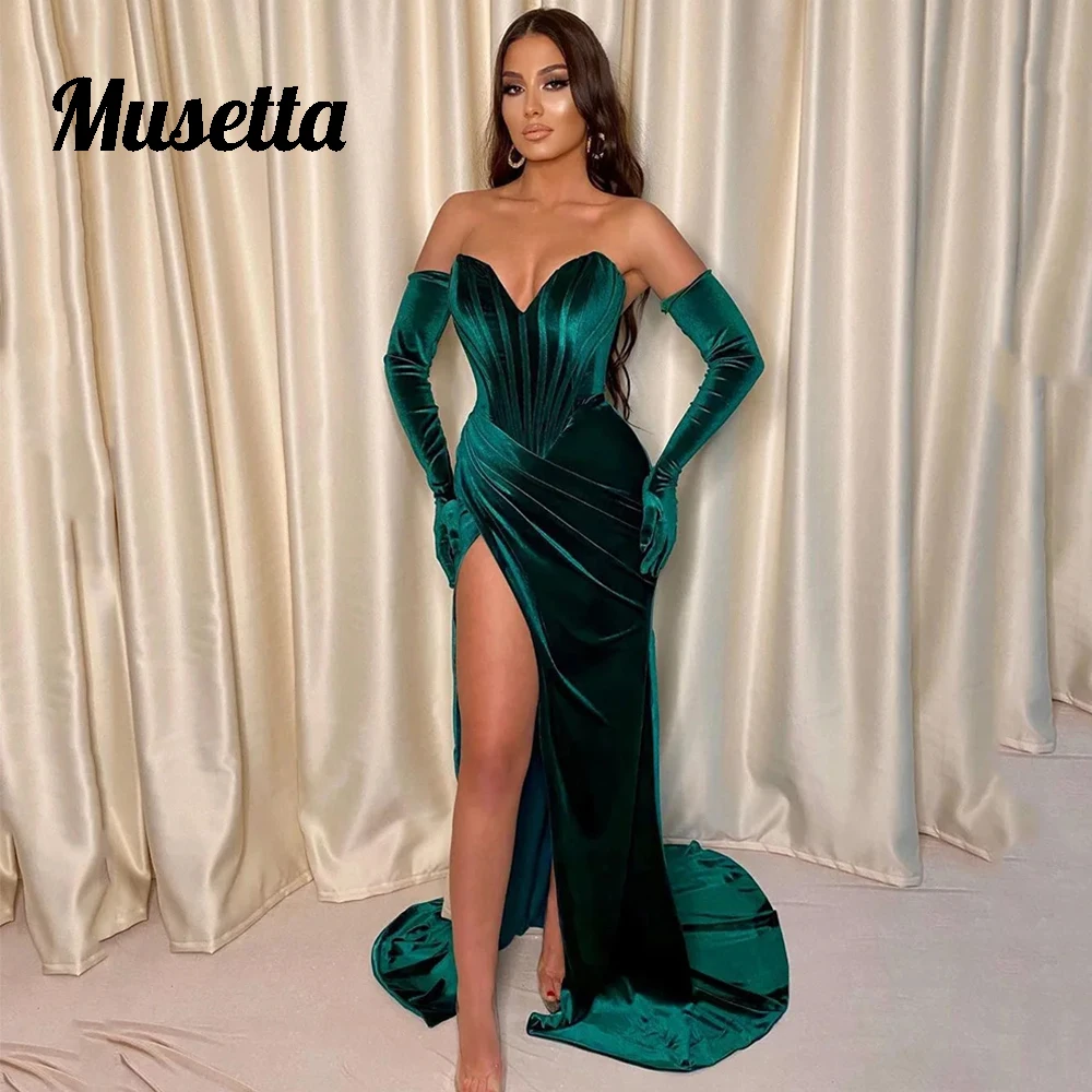 

Musetta Emerald Green Velour Prom Dresses High Slit Sweetheart Neck Mermaid 2024 Winter Velvet Evening Gowns Robe de Soiree