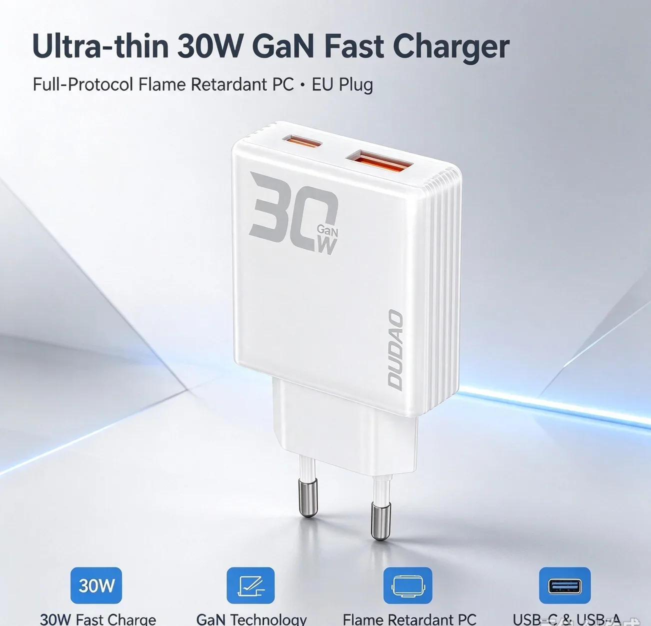 30W GaN Fast Charger Flame Retardant PC Ultra-thin Full Protocol Charging Adapter USB C Wall Charger For iPhone18 Samsung Huawei