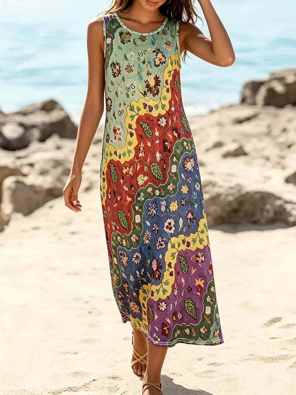2026 Floral Colorful Sleeveless Maxi Dress Loose Summer New Seaside Commuting Dating Dress Ethnic Style Pattern Flowy Long Dress