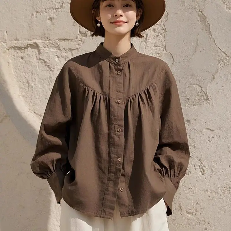 

Brown Linen Blend Pleated Blouse Women Stand Collar Loose Long Sleeve Vacation Casual Shirt