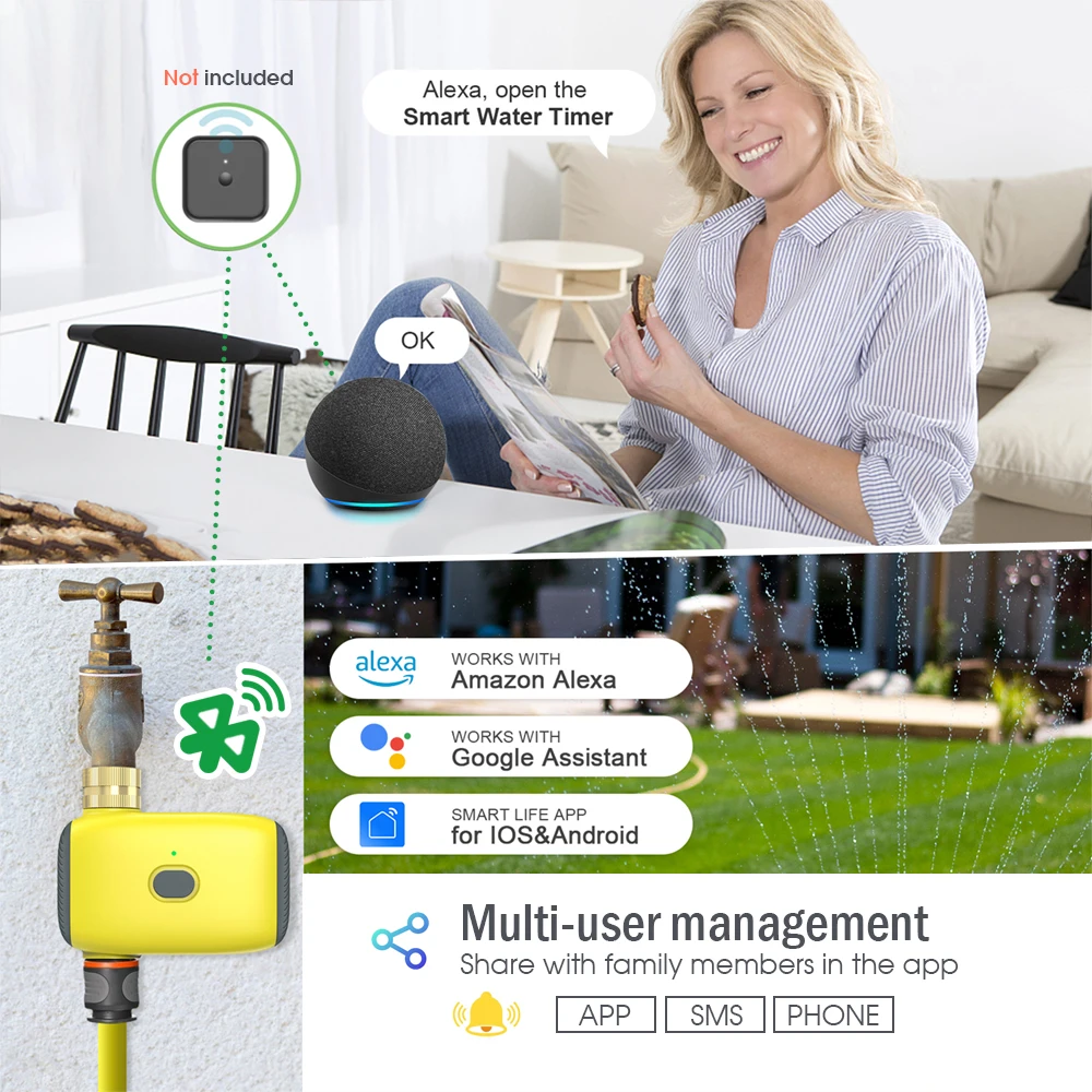 Tuya Wifi/Bluetooth-Compatible Garden Water Timer with Gateway Automatic Watering 72H Rainfall Delay Irrigation Control Unit