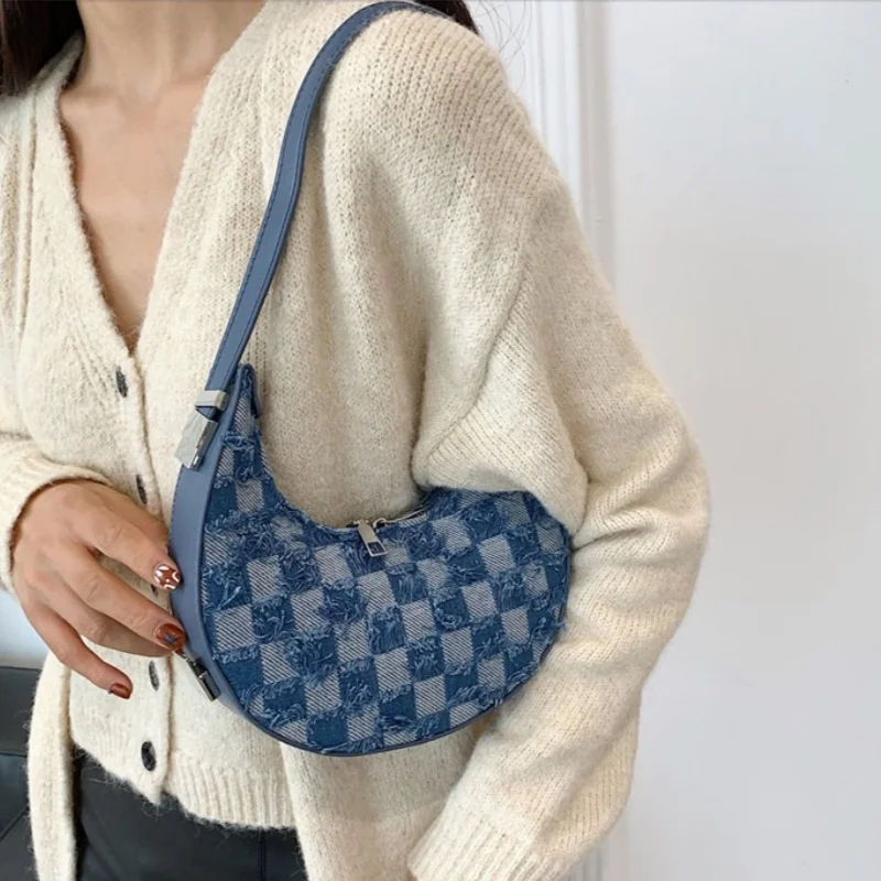 Fashion Shoulder Bag Trendy Crescent Moon Bag Two-color Plaid Denim Splicing Underarm Bag Retro Ladies Shoulder Bag