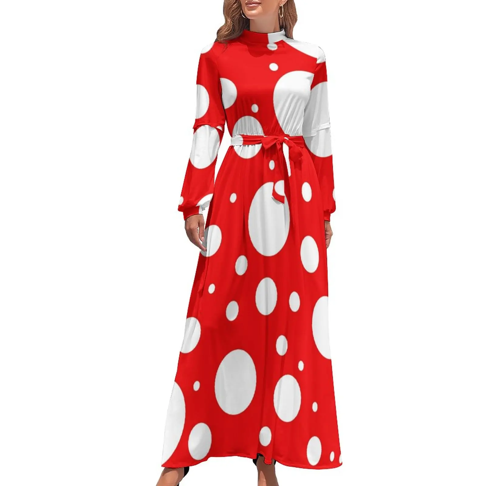 

Red White Polka Dot Dress Kusama Yayoi Inspired Aesthetic Beach Dresses Women Long-Sleeve High Waist Sexy Long Maxi Dress