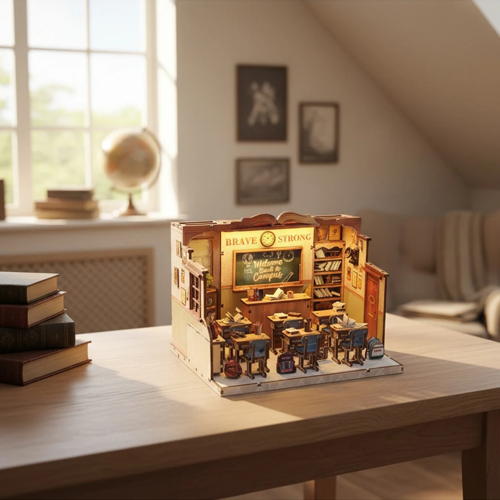 OUZEY 3D houten "Student Days" poppenhuis DIY Kit - miniatuur klaslokaalmodel met meubilair, nostalgisch cadeau voor vrienden