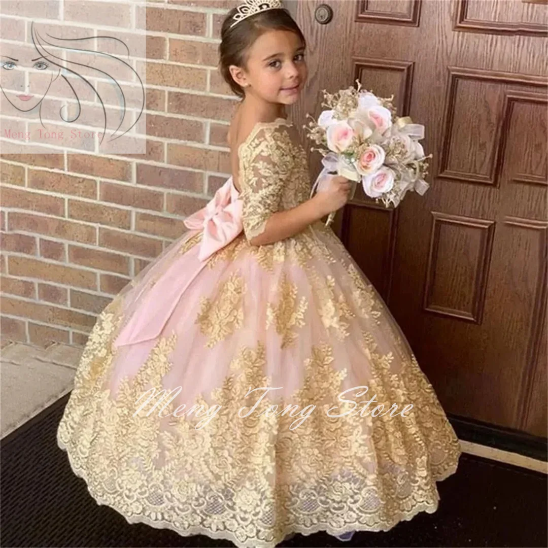 

Flower Girl Dress Pink Tulle Puffy Champagne Gold Lace Bow Belt Backless Luxury Wedding First Communion Birthday Party Ball Gown