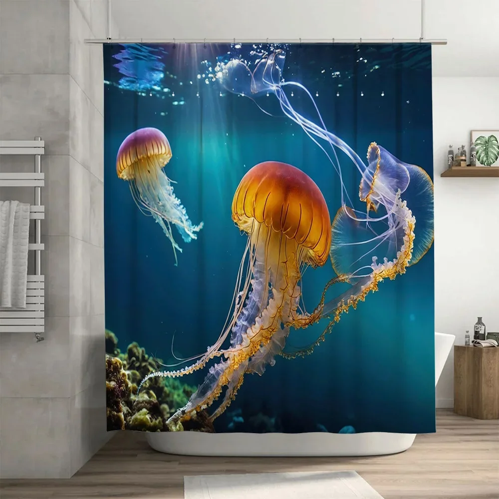 

Синий океан, медуза, занавеска для душа, яркая подводная сцена, принт, домашний декор, арбуз, аксессуары для ванной комнаты