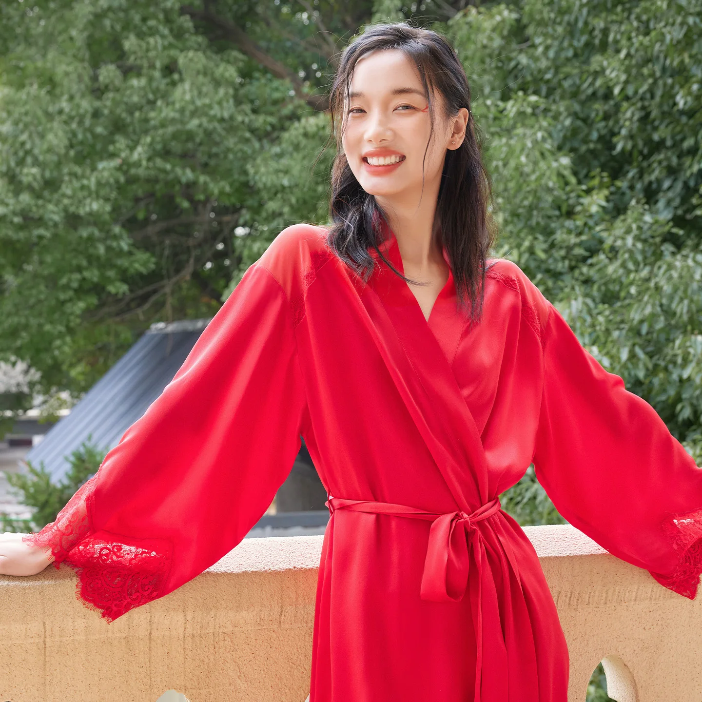 

Women 19MM 100% Mulberry Silk Robe Summer Red Lace Belted Wrap Bathrobe Vintage Elegant Night Gown Bridal Morning Robe Nightwear