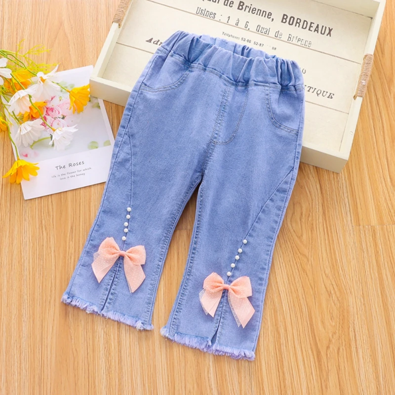 Children Jeans Girls Bow Cherry Decor Elastic Waist Denim Pant Toddler Kids Korean Style Chic Outing Seven-Point Trousers 2-7Y