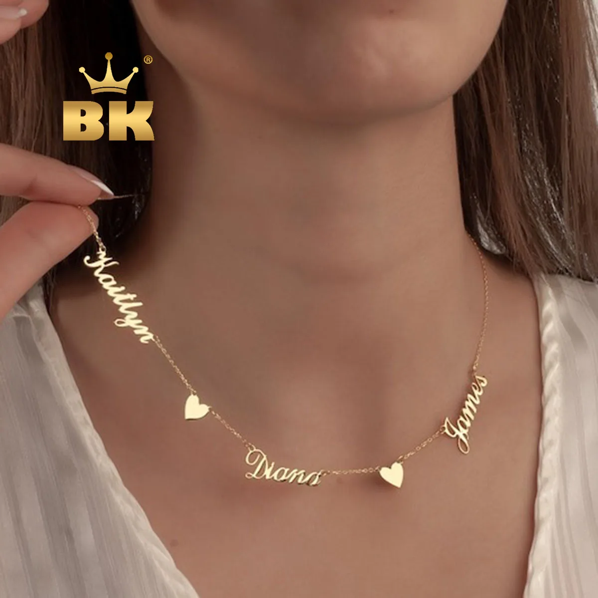 THE BLING KING Custom Stainless Steel Multiple Name Necklace with Heart Charm Accessories Personalized Kid Name Women Jewelry