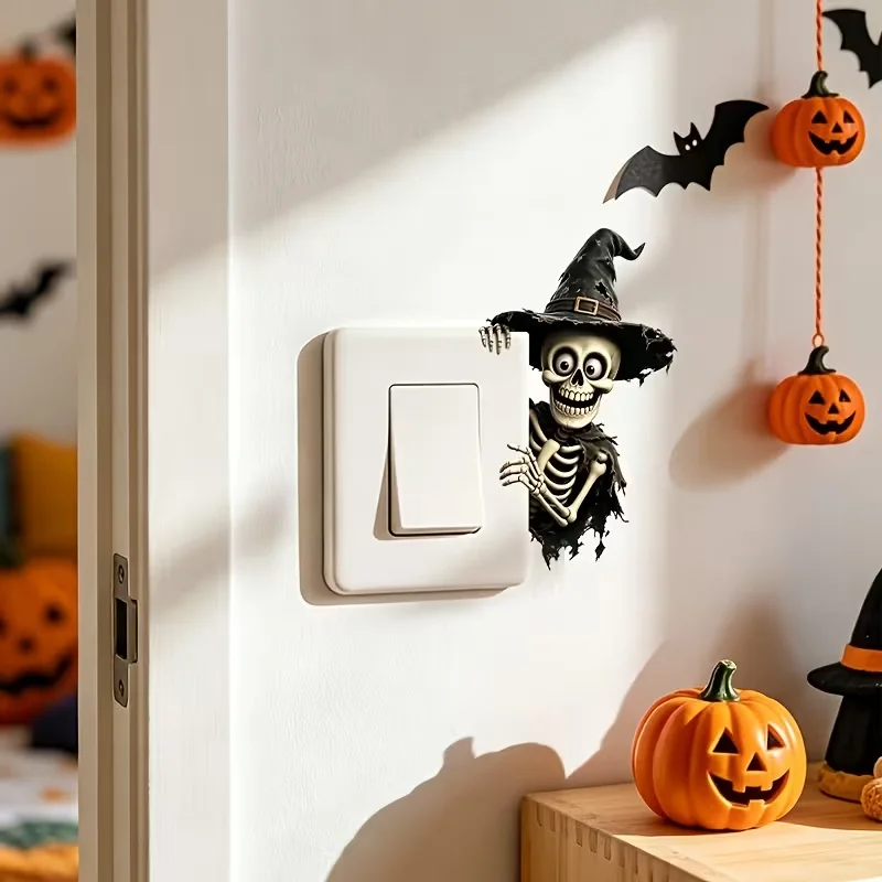 1 PVC skeleton switch wall sticker, dark gothic style square socket sticker with worn wizard hat, waterproof self-adhesive