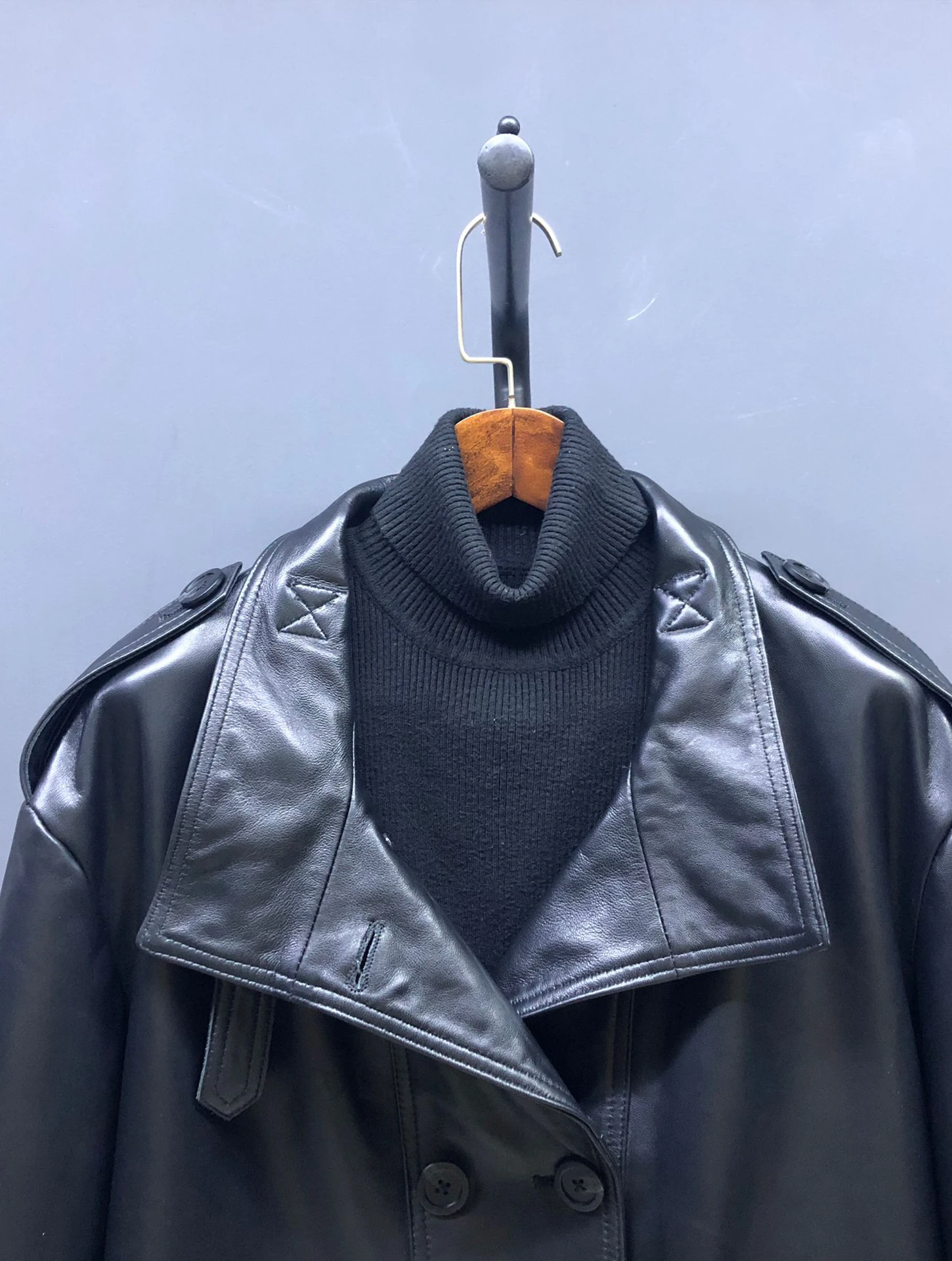 Giacca in Vera Pelle di Pecora alla Moda, Monocolore, con Collo Alto e Maniche Lunghe, Stile Motociclista