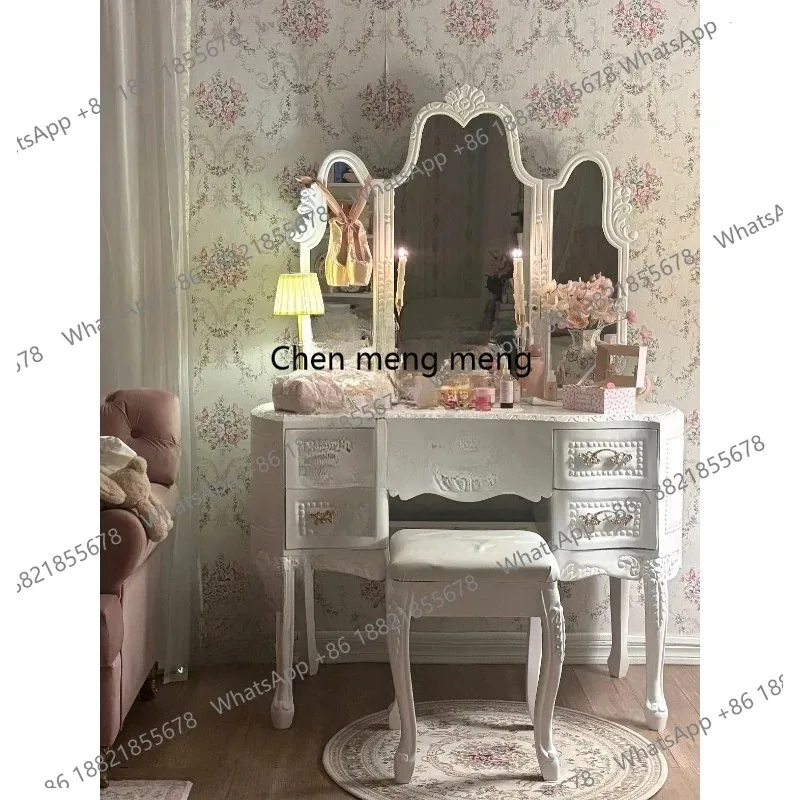 R French retro solid wood carved dressing table Nordic bedroom girly white dressing table