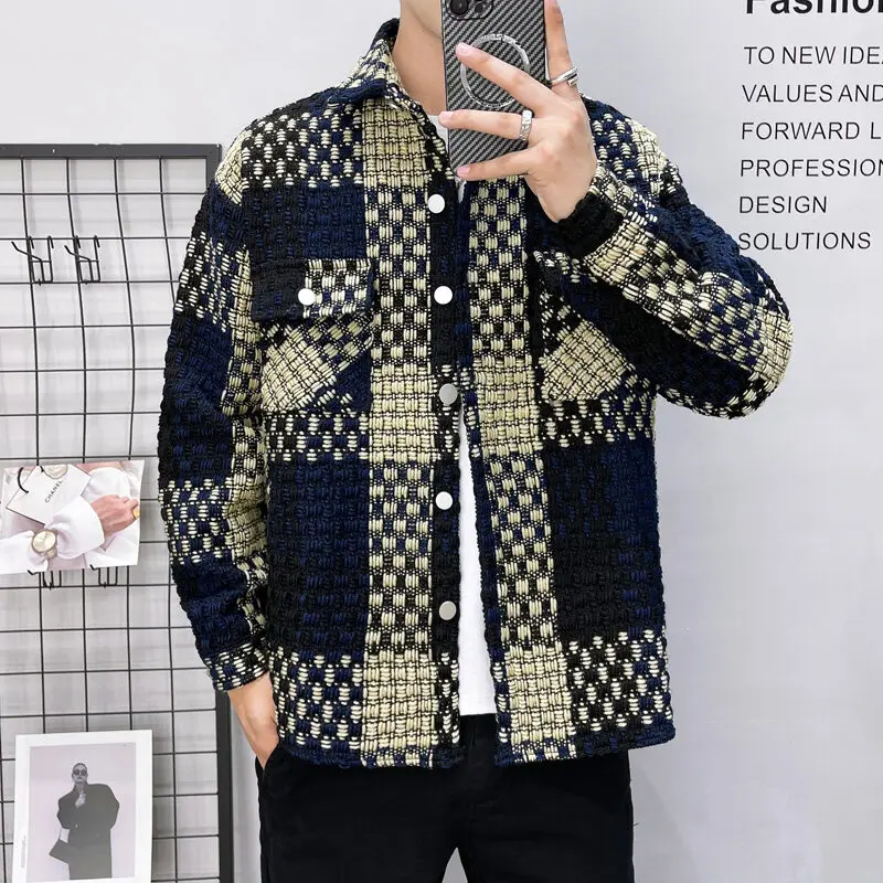 New Men's Thick Checkered Shirt Jacket for Spring 2025, Casual and Fashionable Street Wear, Single Breasted Slim Fit Shirt