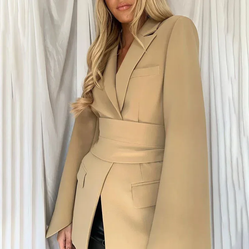 Women\'s Spring 2024 Fashion Blazer Slim Fit Business Blazer and New Tie Waist Jacket Retro Khaki Black Ladies Cardigan Tops