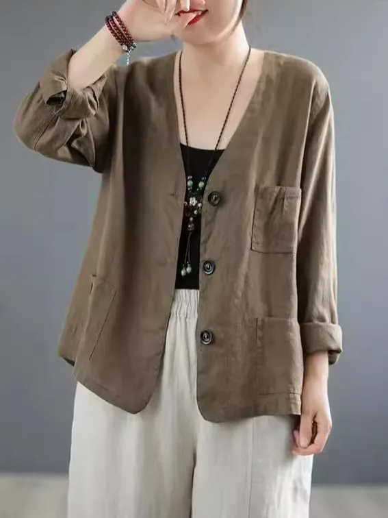 

Linen Cotton Suit Jacket Women's National Style Sun Protection V-neck Long Sleeve Open Cardigan Top Large Size Spring Summer