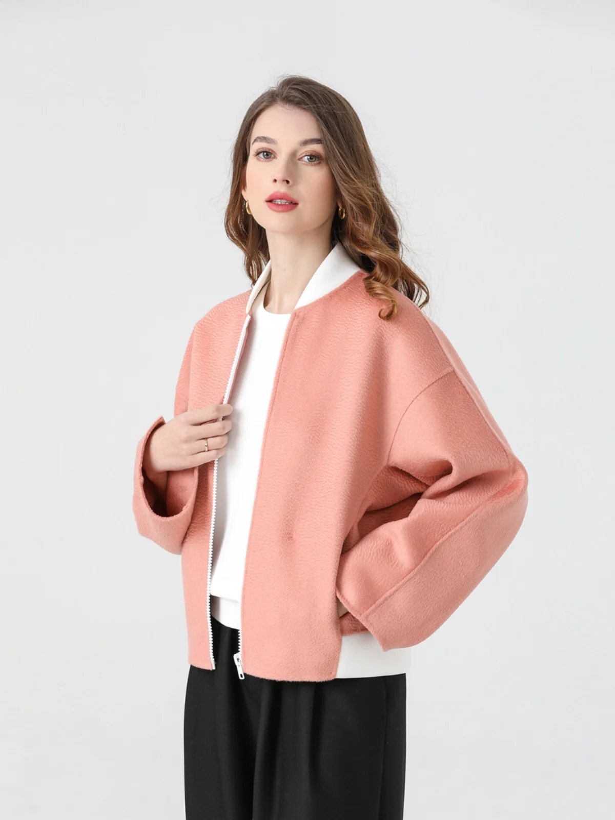 

Pink Zipper Pure Wool Double-Faced Tweed ort Coat by G-ZEN COLLECTION Women's Busin Casual Long Sve Coat
