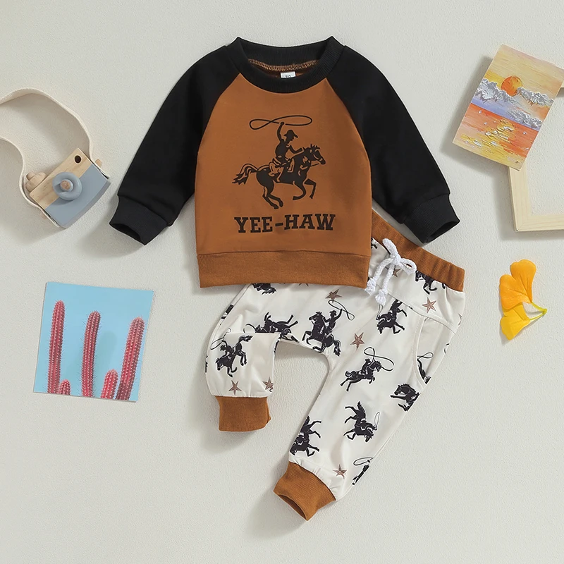 Western Baby Boy Clothes Vintage Yee Haw Sweatshirt Top Rodeo Pants Set 2Pcs Toddler Boys Country Cowboy Outfit