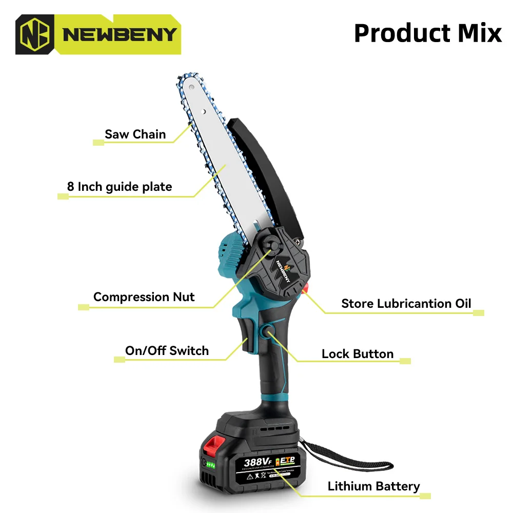 NEWBENY 1500W 8 Inch Brushless Cordless Electric Chain Saw Rechargeable Woodworking Garden Power Tools For Makita 18V Battery