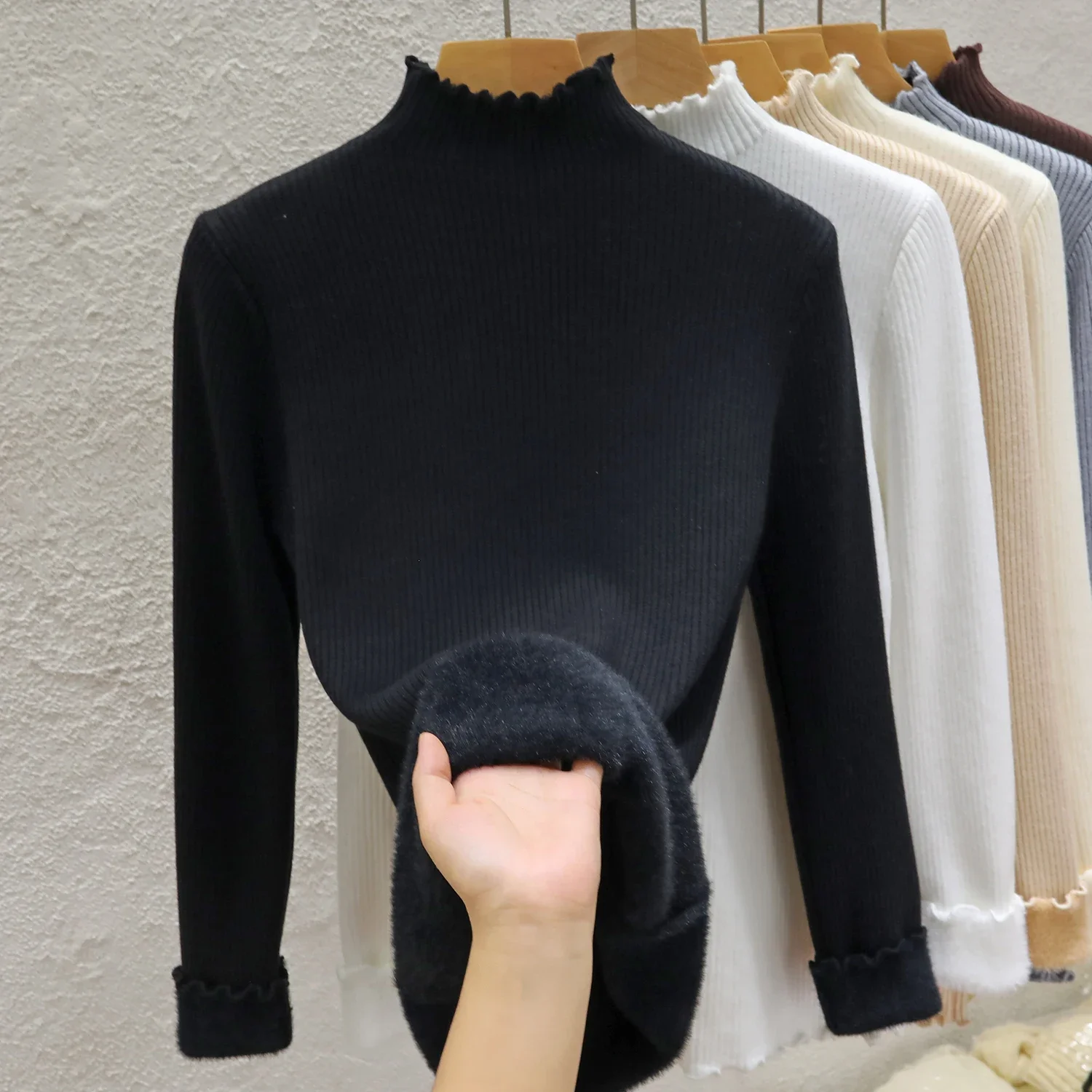 

Women's Turtleneck Plus Velvet Thicken Sweaters Winter Slim Warm Ruched Knitted Tops Casual Plush Fleece Lined Soft Pullover