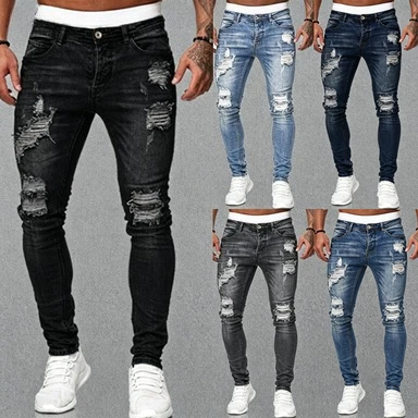 2024 New Fashion Blue Black Male Trousers Mens Elastic Ripped Worn-out Slim-fit Cotton Denim Small foot Jeans Pants