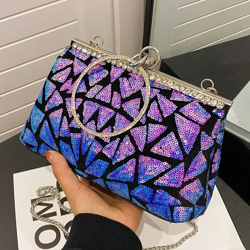 Designer Women Blue Pink Sequin Crystal Chain Messenger Bags Glitter Shell Clip Handbag And Purse Luxury Wedding Party Clutch