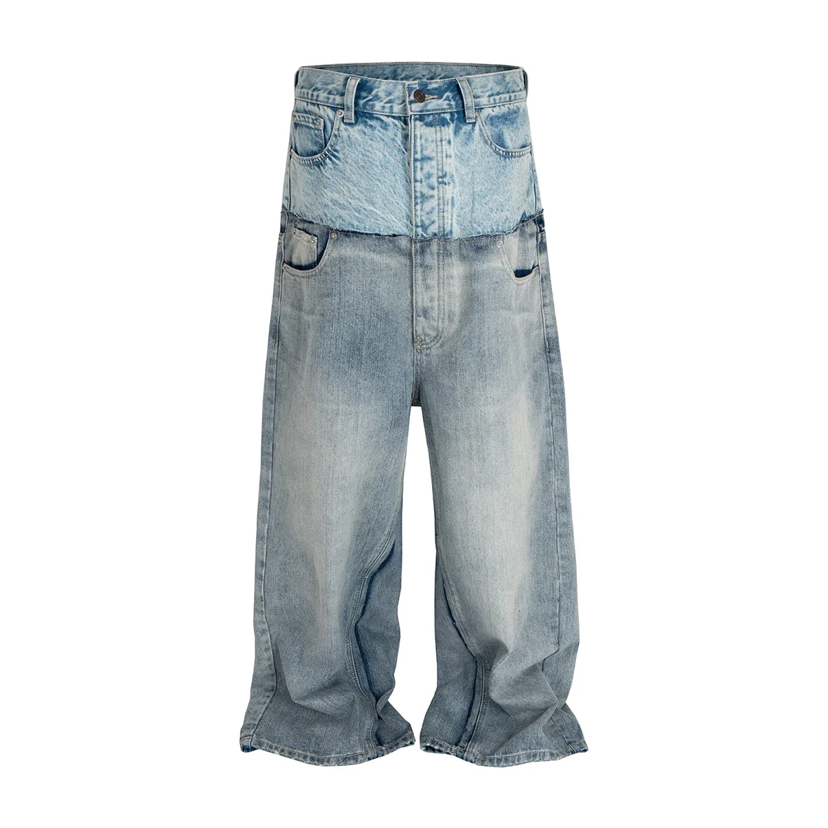 

CUT-UP Double-layer Double Waist Patchwork Baggy Jeans for Men and Women Straight Casual Loose Denim Trousers Oversized