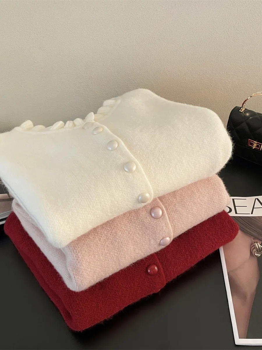 Kardigan Rajut Prancis Baru Wanita Musim Semi Gugur Gaya Lembut Desain Pinggiran Jamur Kerah Bulat Sweater Kancing Tunggal