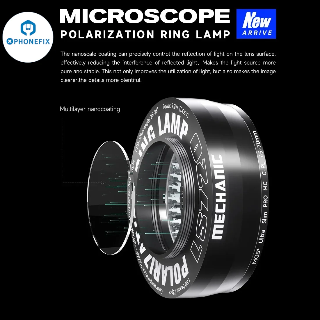 Imagem -03 - Anel de Luz de Microscópio Mecânico Ls720 Lâmpada de Anel Polarizada Elimina Reflexão para Indústria de Reparo de Solda Microscópios Estéreo