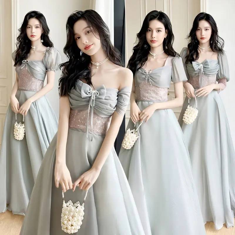 

Grey Bridesmaid Dress Bow Pearl Decor New Summer Sisters Group Dresses Girl Graduation Ceremony 18 Year Old Evening Dress