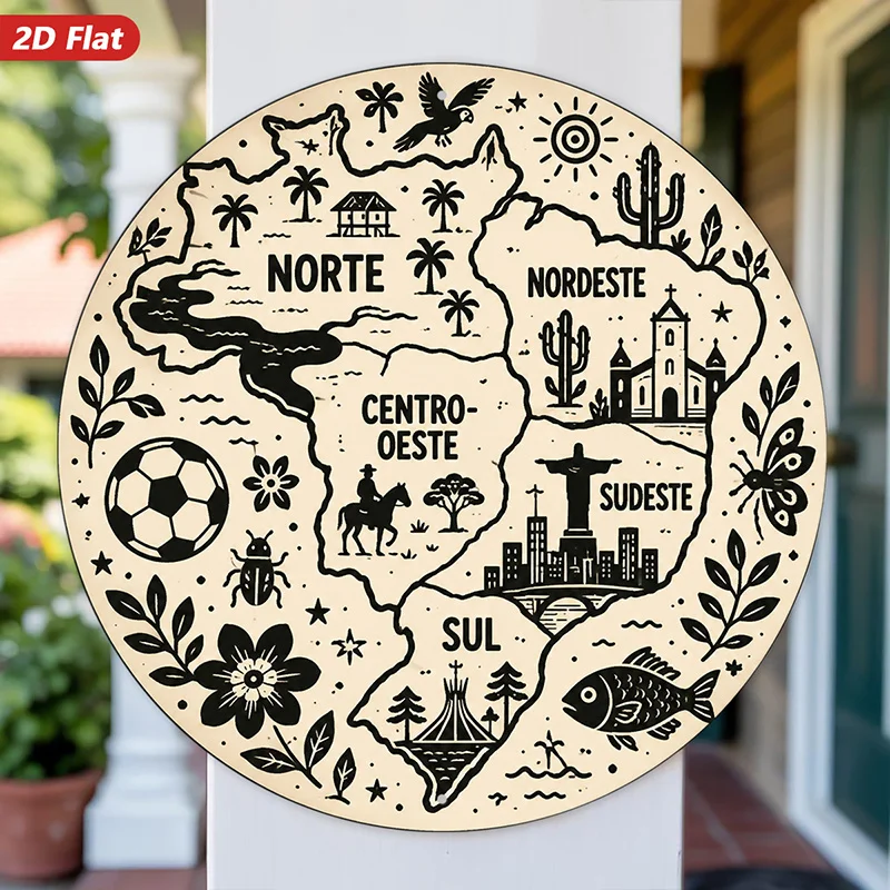 2D Flat, 1pc Brazil Regions Round Metal Sign Wall Art, Home Decor, Northern And Southern Map Labels, Tropical Cactus And Sun, La