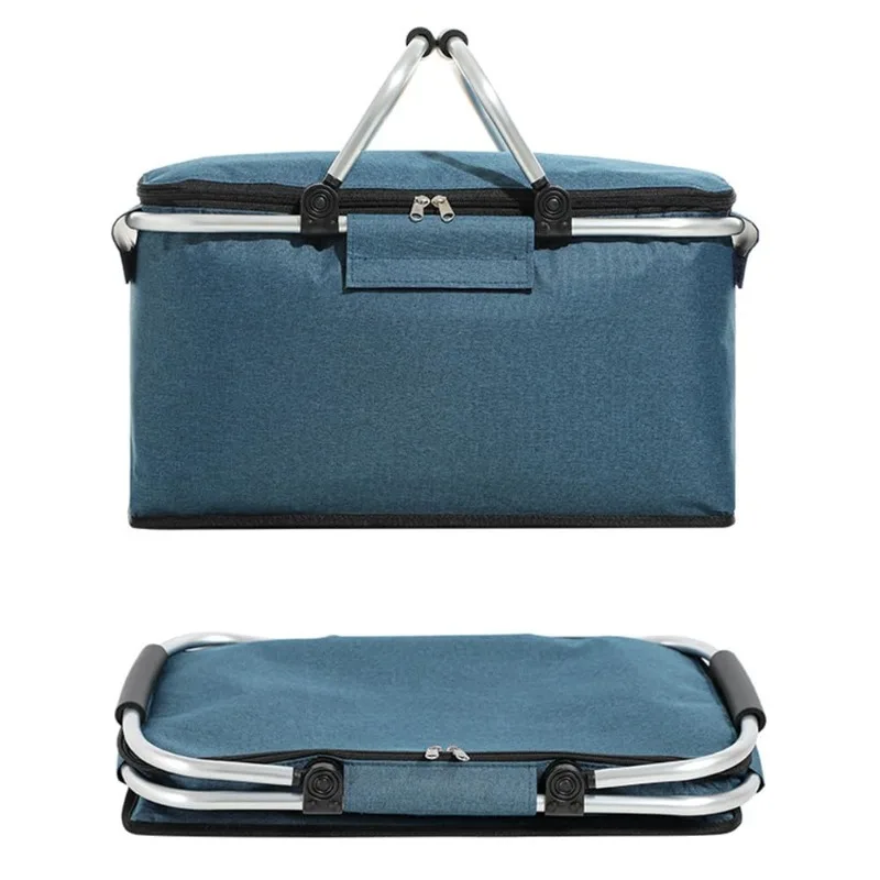 Flat Foldable Oxford Picnic Basket With Aluminum Bracket, Built-in Front Patch Pocket, Space-saving Collapsible Design, Backyard Party Road Trip Food Storage, Family Outdoor Party Organizers