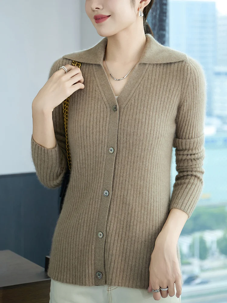 Autumn Winter Women Casual Sweater 100% Merino Wool Polo Collar Knitted Cardigan Striped Outerwear Long Sleeve Soft Clothes Tops