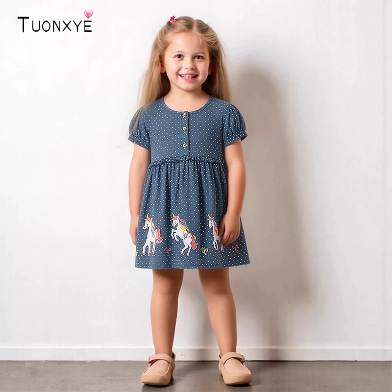 

TUONXYE Children's Casual Dress Unicorn Embroidery Dress for Elegant Girls Short Sleeve Dress Summer Kids Girls Dresses