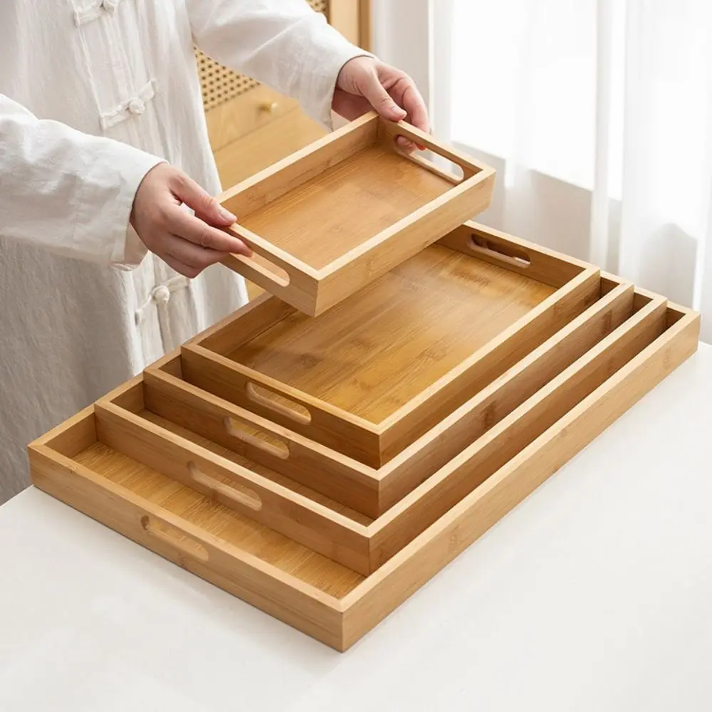 Decorate Tray Rectangular Bamboo Wooden Tray Natural Wood With Handle Food Storage Trays Dessert Pallet Home