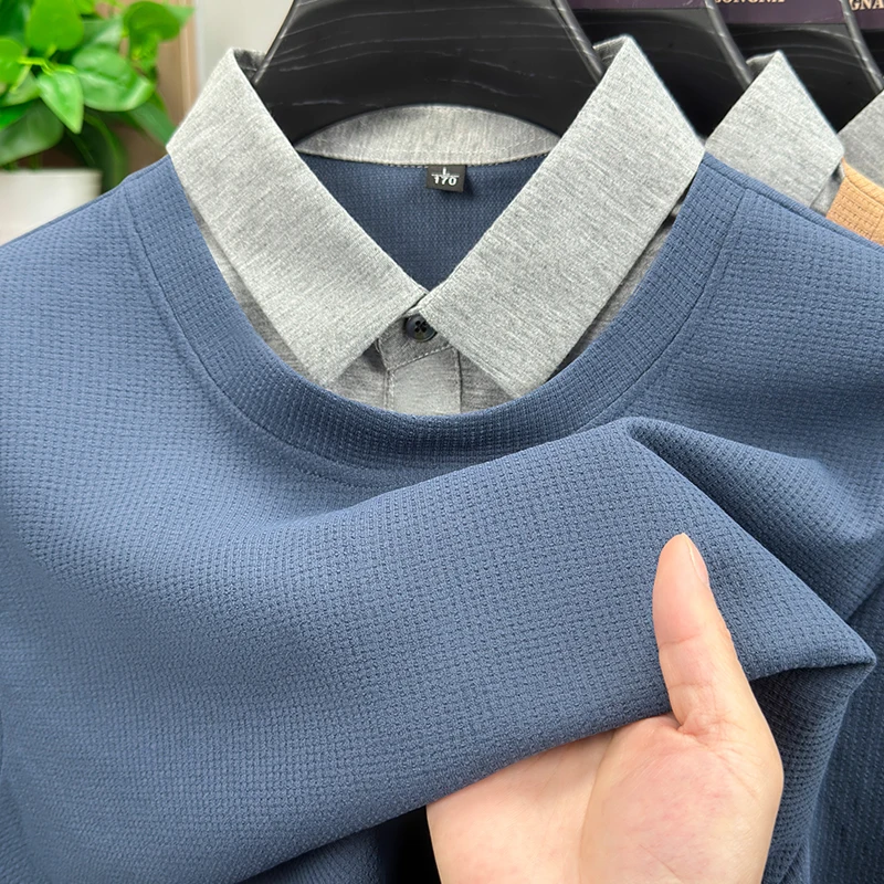 

Quality Luxury Men's Contrast Color Lapel Fake Two Piece Long Sleeve Autumn New Pullover No Perm T-Shirt Business Menswear Top