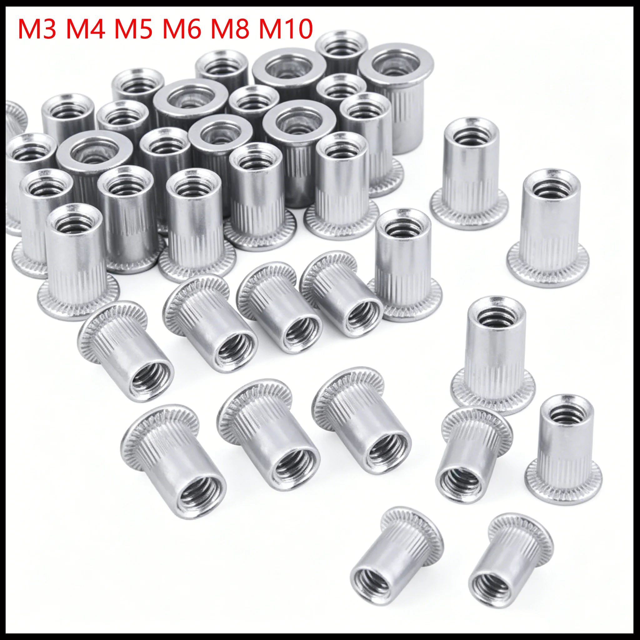 M3-M10 Aluminum Rivet Nut 10Pcs Each Size Flat Head Blind Threaded Insert Rivnut Assortment Kit M3 M4 M5 M6 M8 M10