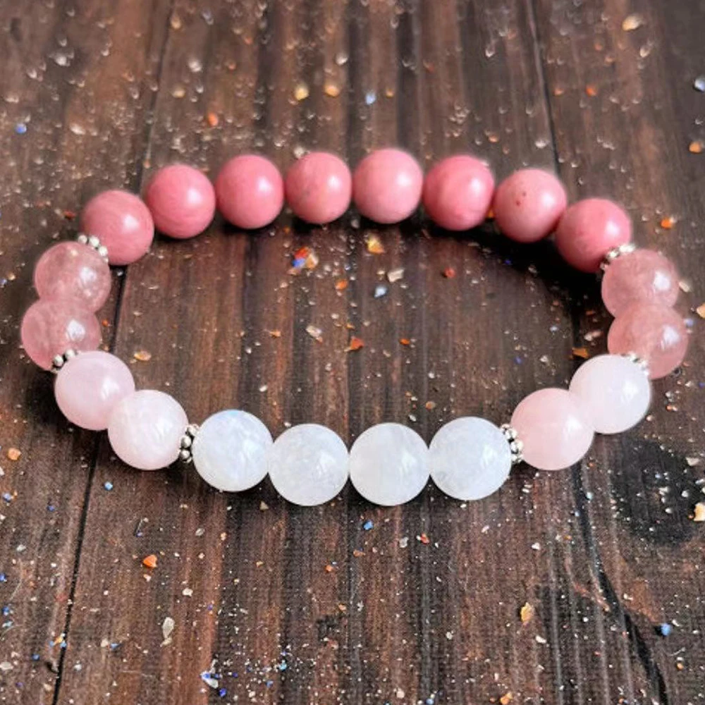 MG1596  8 MM Natural Moonstone Women`s Bracelet Strawberry Quartz with AA Grade Rhodonite Bracelet Crystals Mixed Jewelry