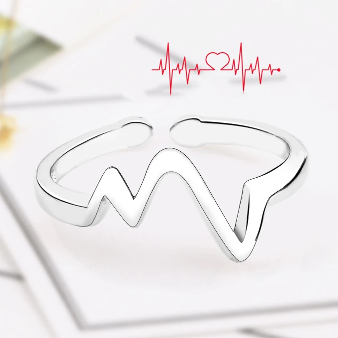 

MEETSOFT 925 Silver Electrocardiogram Heart Rate Wave Adjustable Rings for Fashion Women Fine Jewelry Geometric Accessories