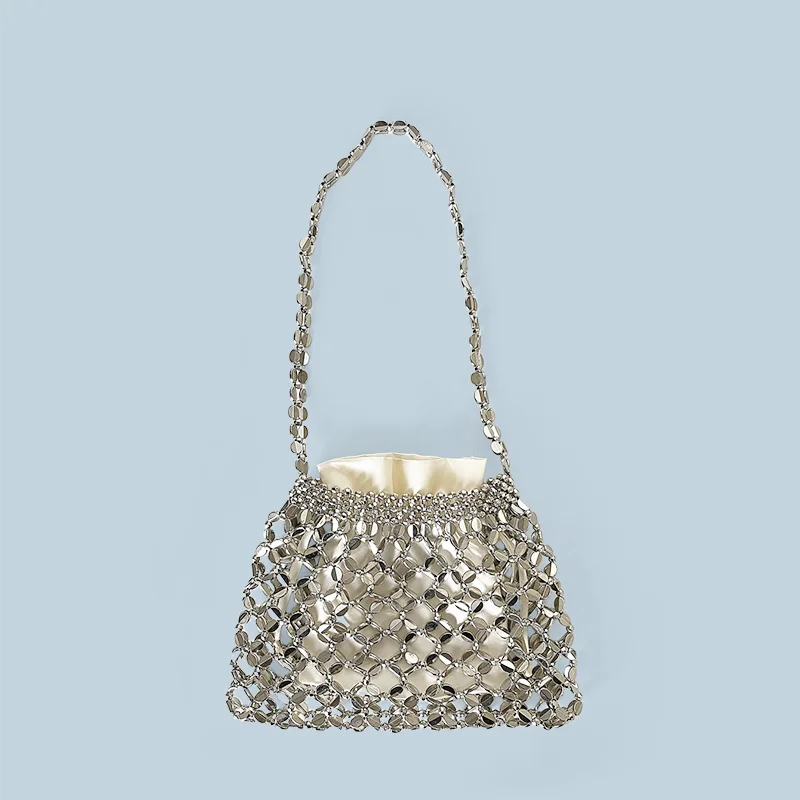 New handheld niche design silver handmade bead woven handbag essential for summer shoulder bag